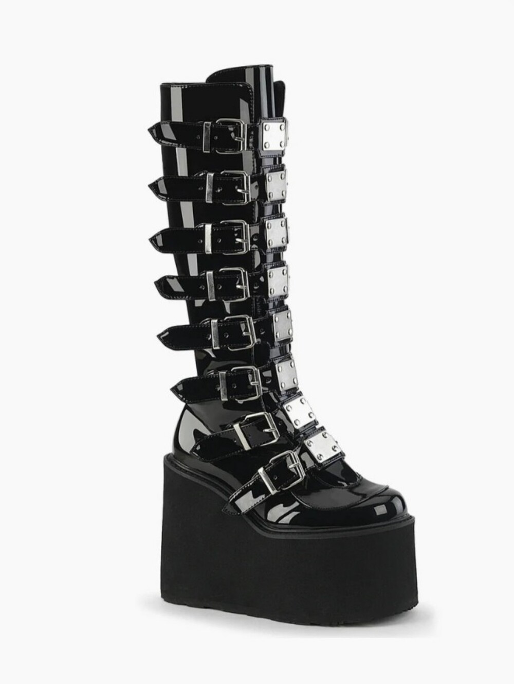 Demonia Swing 815 Black Patent Platform Knee-High Buckle Boots